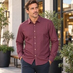 Ted Baker Men's Shirt Size 3 M Burgundy Micro Print Cotton Long Sleeve